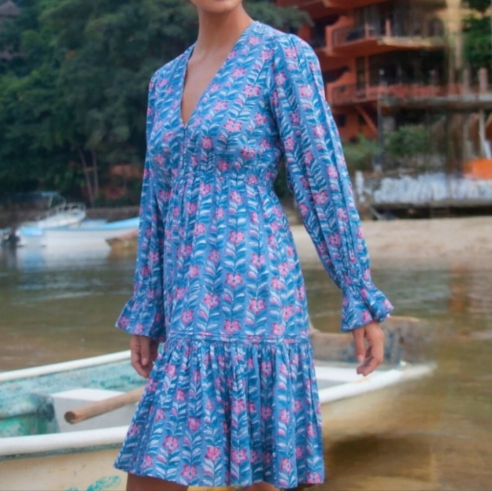 The Fox and the Mermaid Womens Dress Blue Floral Ruffle Tiered Avni Flare, cotto